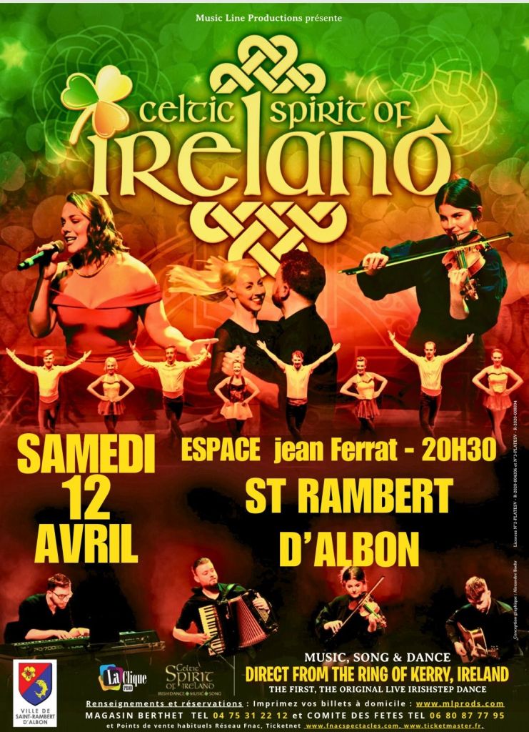 Le Comité des Fêtes de Saint-Rambert-d'Albon vous invite à une soirée inoubliable le Samedi 12 Avril 2025 à 20h30 avec un spectacle unique dans la région : Celtic Spirit of Ireland ! Ce show exceptionnel, directement venu du Ring of Kerry, en Irlande, vous plongera dans l'univers magique de la culture celtique à travers la musique, le chant et la danse traditionnelle irlandaise.
