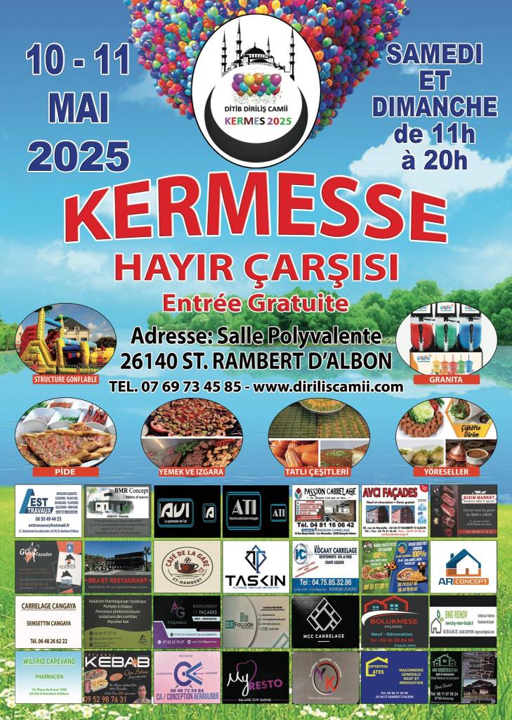 📅 Les 10 et 11 mai 2025, la ville de Saint-Rambert-d'Albon vibrera au rythme de la Diriliş Kermesse, un événement festif et convivial organisé à la Salle Polyvalente Jean Ferrat de la commune. De 11h à 20h, petits et grands sont attendus pour profiter d’un programme riche en animations, gastronomie, jeux et surprises ! 🤩