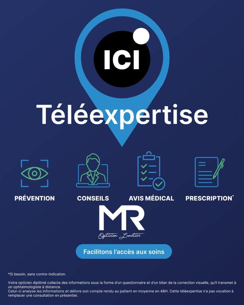 Examen de la vue sur place, puis une ordonnance est délivrée sous 48h par un ophtalmologiste agréé, sans attente ni déplacement inutile.