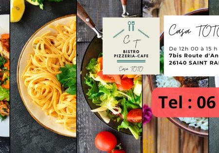 Restaurant CASATOTO à Saint-Rambert-d'Albon : bistro-pizzeria avec terrasse et parc. Plat du jour 15€, pizzas artisanales, happy hour, privatisation pour événements. Réservation : 06 10 71 21 17.