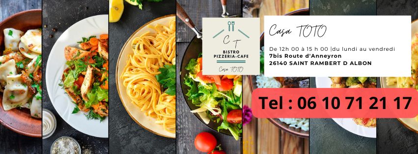 Restaurant CASATOTO à Saint-Rambert-d'Albon : bistro-pizzeria avec terrasse et parc. Plat du jour 15€, pizzas artisanales, happy hour, privatisation pour événements. Réservation : 06 10 71 21 17.