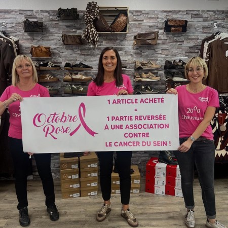 2000 Chaussures à Saint-Rambert-d'Albon s'engage pour Octobre Rose 2025. Chaque achat en octobre soutient la recherche contre le cancer du sein. Déjà 1490€ reversés en 2024, objectif : battre le record !