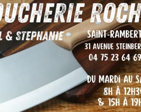 Boucherie Saint-Rambert-d'Albon : portrait de la Boucherie Roche, artisan boucher-charcutier-traiteur. Horaires, adresse 31 av. Steinberg, produits de qualité. Cyril et Stéphanie Roche depuis 2024.