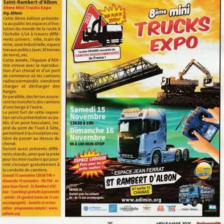 Le 8ème Mini Trucks Expo arrive à St-Rambert-d'Albon (15-16 Nov.) ! +2000m² de camions RC, pont basculant et espace ludique. Espace Jean Ferrat. Entrée 5€.