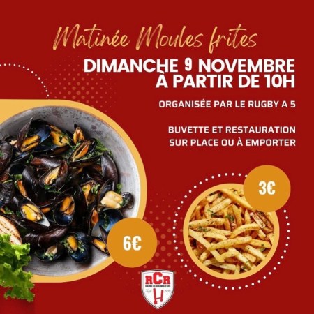 Le RCR Rugby à 5 vous invite à sa Matinée Moules-Frites conviviale le Dimanche 9 Novembre dès 10h au Stade de Saint-Rambert. Moules 6€, Frites 3€. Sur place ou à emporter !