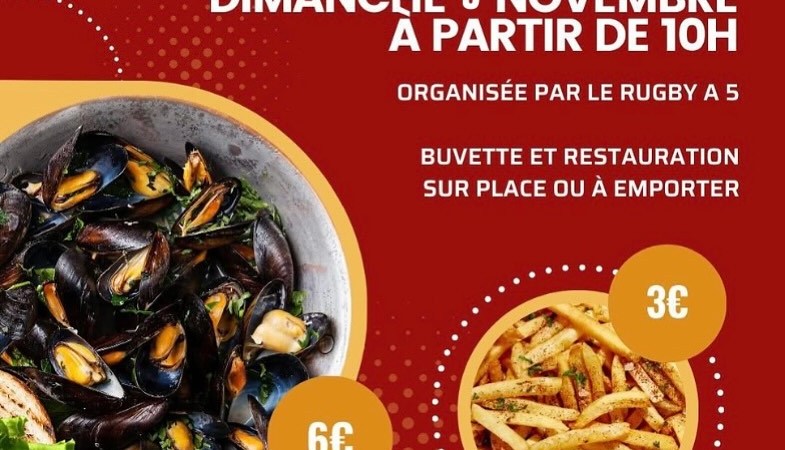 Le RCR Rugby à 5 vous invite à sa Matinée Moules-Frites conviviale le Dimanche 9 Novembre dès 10h au Stade de Saint-Rambert. Moules 6€, Frites 3€. Sur place ou à emporter !
