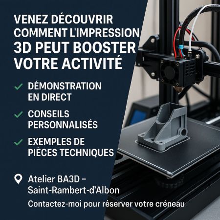 Découvrez comment une visite chez BA3D, atelier d’impression 3D à Saint-Rambert-d’Albon, peut révolutionner votre production : réduction des coûts, prototypage rapide, flexibilité et solutions sur mesure pour les pros. Réservez votre démo !