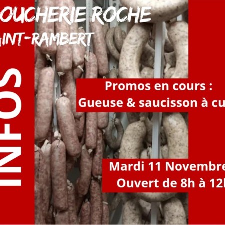 À Saint-Rambert-d’Albon, la Boucherie Roche fête le 11 novembre 2025 avec des promos irrésistibles : gueuse drômoise à 6,90 €/kg (au lieu de 11,90 €) et saucisson à cuire à 8,90 €/kg (au lieu de 13,90 €). Ouverture exceptionnelle de 8h à 12h pour vos achats fériés. Lancée en 2024, cette boucherie artisanale mise sur des produits locaux et un savoir-faire traditionnel. Idéal pour des repas commémoratifs authentiques, ces offres allient qualité, économie et soutien à l’artisanat drômois. Stocks limités – foncez au 31 Av. Lucien Steinberg ou appelez le 04 75 23 64 69 !