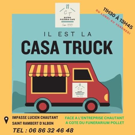 Découvrez le Casa Truck, le food truck Saint Rambert d'Albon idéal (Impasse Lucien Chautant, 11h30-13h45). Qualité restaurateur, service rapide, CB et tickets restaurant acceptés. Commandez au 06 86 32 46 48 !