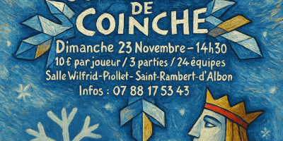 Participez au concours de coinche à Saint-Rambert-d’Albon le 23 novembre 2025 ! Une après-midi de jeux, convivialité et stratégie à la Salle Wilfrid-Piollet. 10 € par joueur – 24 équipes – 3 parties. Inscrivez-vous dès maintenant !