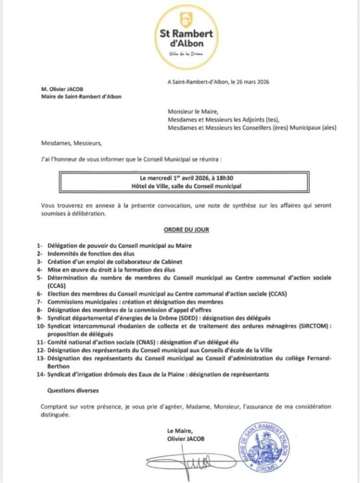 Le mercredi 1er avril 2026 à 18h30, le nouveau Conseil Municipal élu le 15 mars 2026 se réunit pour la première fois sous la présidence d'Olivier JACOB, nouveau Maire de la commune. Quatorze points à l'ordre du jour — des délégations de pouvoir aux désignations dans les instances intercommunales, en passant par les indemnités des élus et la création d'un emploi de cabinet — ce premier conseil constitutif pose les fondations institutionnelles de la mandature 2026-2032. Une séance capitale, ouverte à tous les citoyens, à l'Hôtel de Ville, salle du Conseil Municipal.