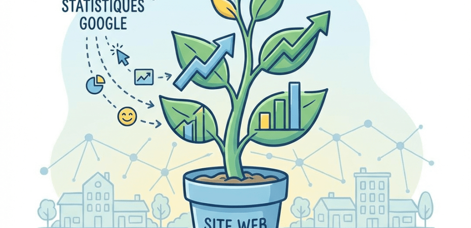 Illustration showing a growing plant with text: STATISTIQUES GOOGLE, SITE WEB LOCAL, ILLUSTRATION CROISSANCE.