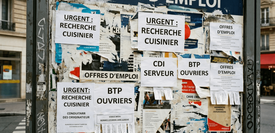 OFFRES D'EMPLOI board with flyers for URGENT RECHERCHE CUISINIER, CDI SERVEUR, and BTP OUVRIERS.