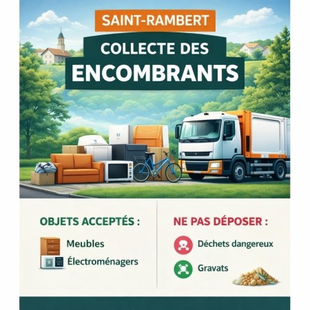 Flyer for Saint-Rambert bulky waste collection event on April 21, 2026, with registration info and accepted items